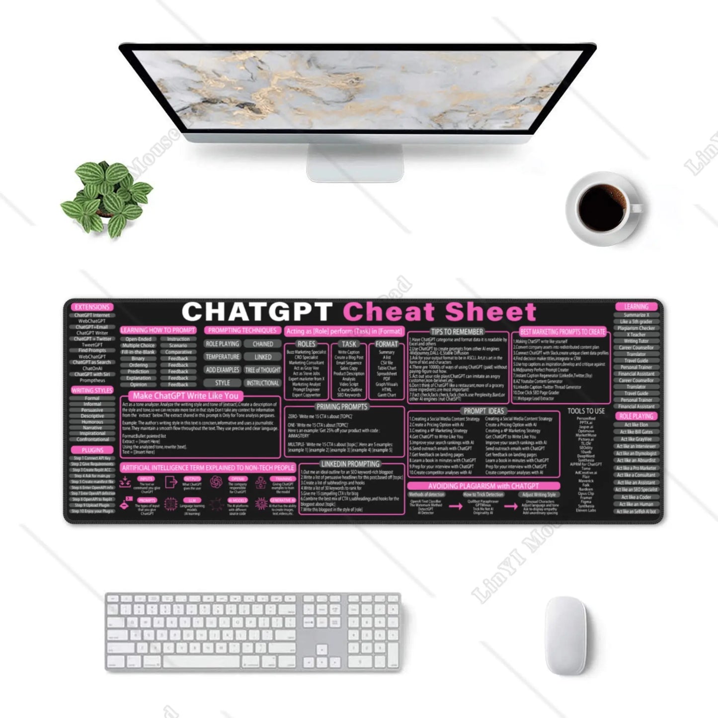 Chat GPT Cheat Sheet Mouse Pad Gift for Computer Programmer Gift for Hacker Unique Pink Mouse Mat for Office Work 31.5x11.8 Inch