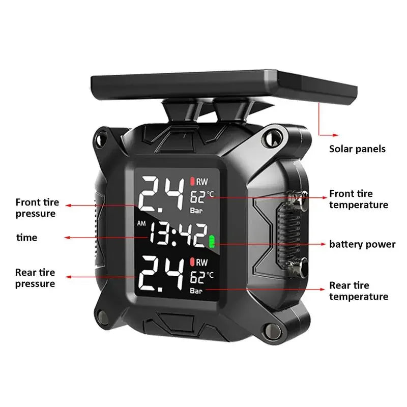 Motorcycle TPMS Solar Power Tire Pressure Monitor Real Time Tire Pressure Monitoring System Temperature Sensor Alarm System