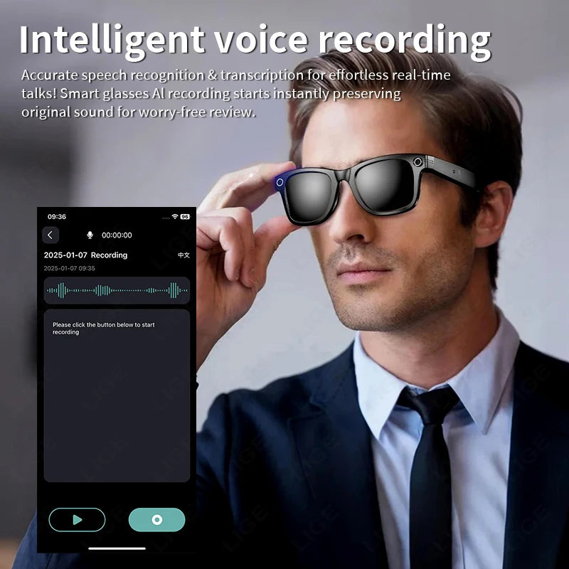 LIGE Camera Smart Music Glasses Make Receive Call Bluetooth Headset Recording Photo Recognition Anti Blue Light UV Sunglasses
