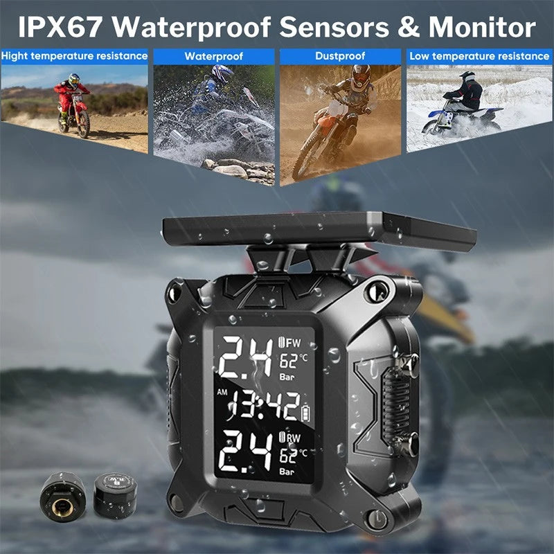 Motorcycle TPMS Solar Power Tire Pressure Monitor Real Time Tire Pressure Monitoring System Temperature Sensor Alarm System