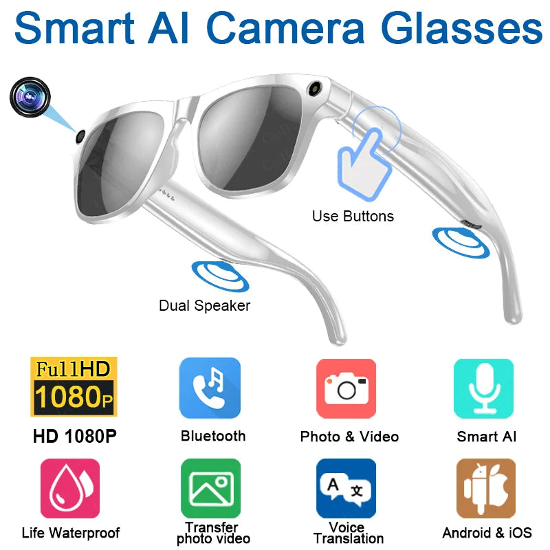 4K HD AI Smart Glasses Chat GPT 100MP Camera Bluetooth Call 260Mah Battery Voice Assistant  Control Smart Glasses for Men Women