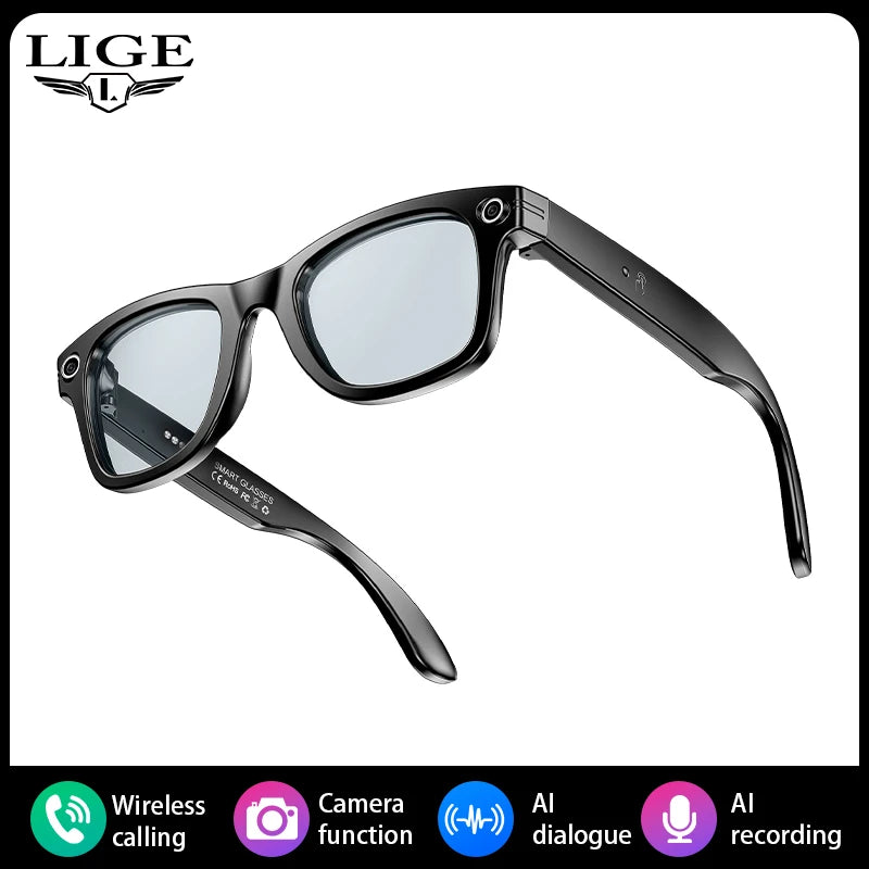 LIGE Camera Smart Music Glasses Make Receive Call Bluetooth Headset Recording Photo Recognition Anti Blue Light UV Sunglasses