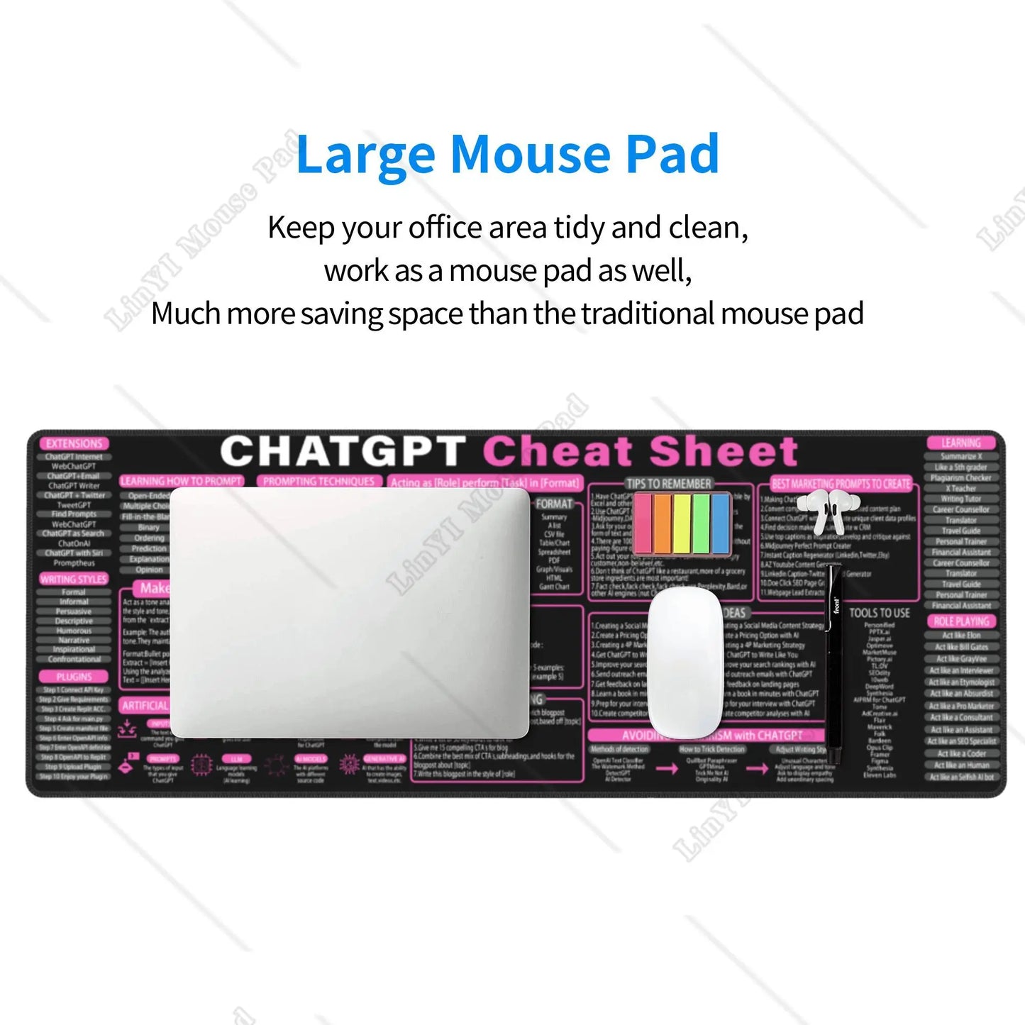 Chat GPT Cheat Sheet Mouse Pad Gift for Computer Programmer Gift for Hacker Unique Pink Mouse Mat for Office Work 31.5x11.8 Inch