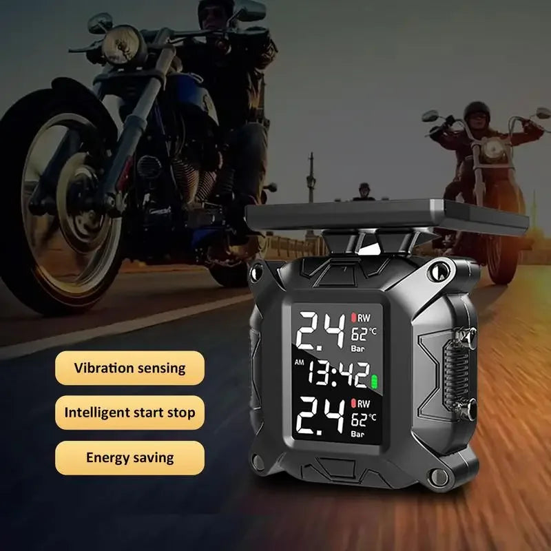 Motorcycle TPMS Solar Power Tire Pressure Monitor Real Time Tire Pressure Monitoring System Temperature Sensor Alarm System